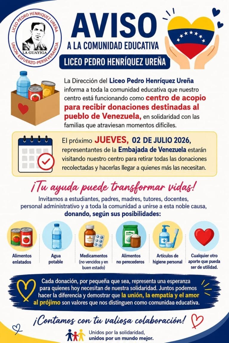 Liceo Pedro Henríquez Ureña se convierte en centro de acopio para ayudar a familias venezolanas