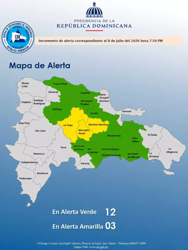 COE incrementa niveles de alerta: 12 demarcaciones bajo alerta verde y tres en amarilla